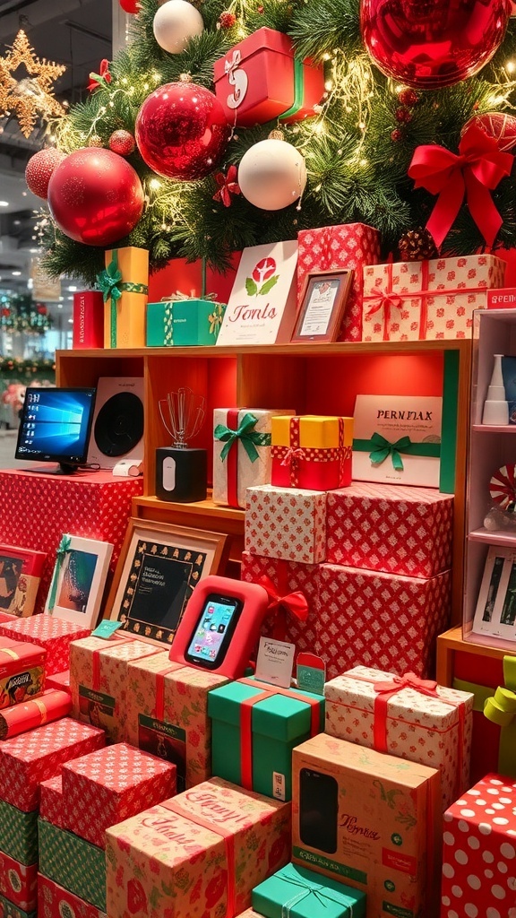 A collection of Christmas gifts including personalized mugs, tech gadgets, and festive decorations.